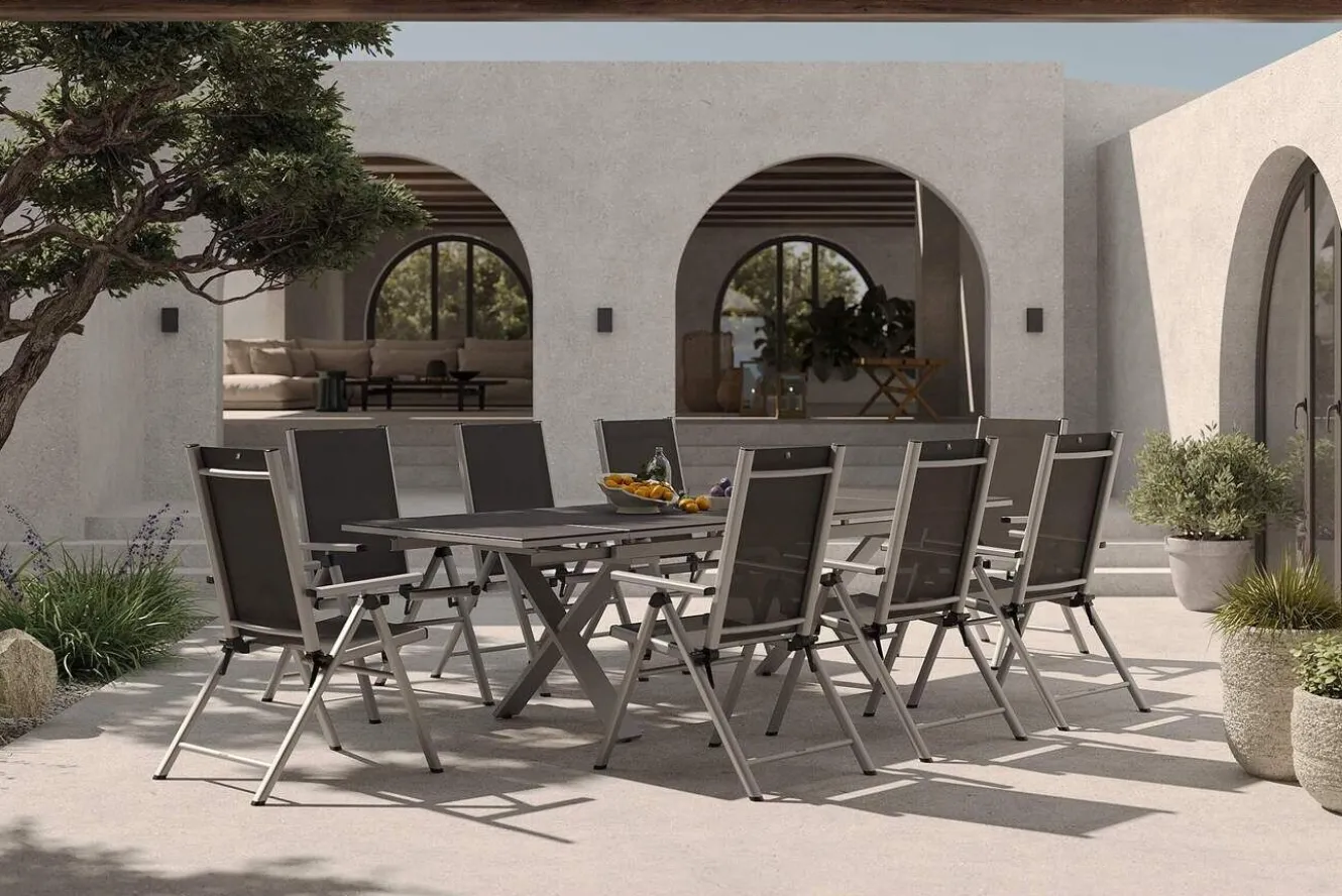 KETTLER BasicPlus Pro Garten-Essgruppe, silber/anthrazit, Alu/Textilene, Spraystone-Tischplatte 180/280 x 100 cm, 8 Klappstühle