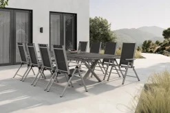 KETTLER BasicPlus Pro Garten-Essgruppe, silber/anthrazit, Alu/Textilene, Spraystone-Tischplatte 180/280 x 100 cm, 8 Klappstühle