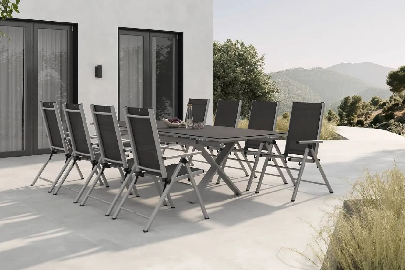 KETTLER BasicPlus Pro Garten-Essgruppe, silber/anthrazit, Alu/Textilene, Spraystone-Tischplatte 180/280 x 100 cm, 8 Klappstühle