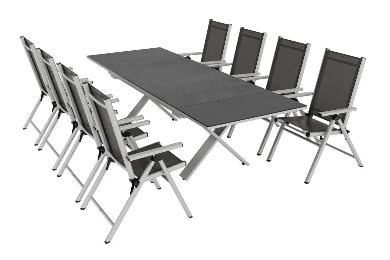 KETTLER BasicPlus Pro Garten-Essgruppe, silber/anthrazit, Alu/Textilene, Spraystone-Tischplatte 180/280 x 100 cm, 8 Klappstühle