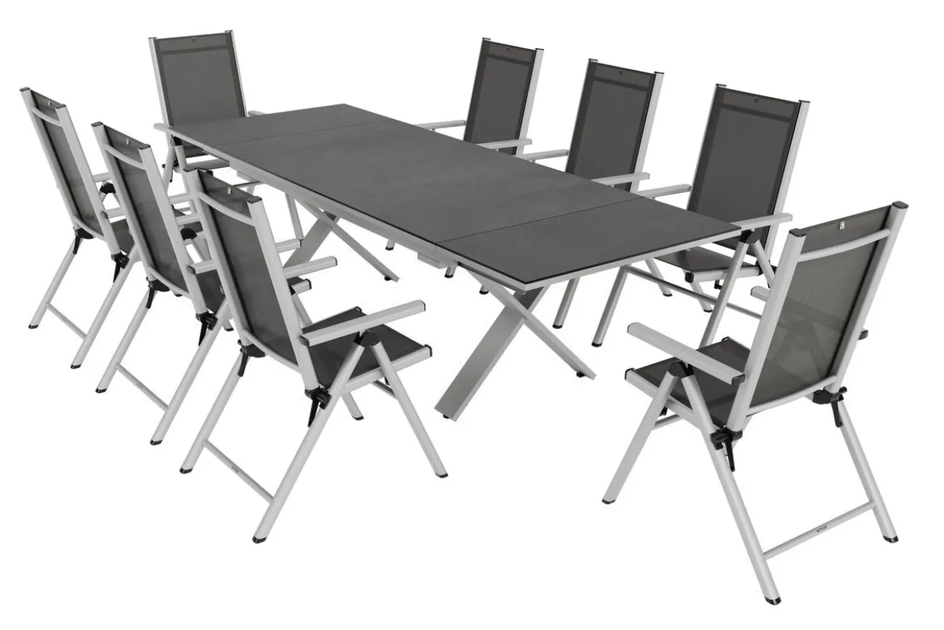 KETTLER BasicPlus Pro Garten-Essgruppe, silber/anthrazit, Alu/Textilene, Spraystone-Tischplatte 180/280 x 100 cm, 8 Klappstühle