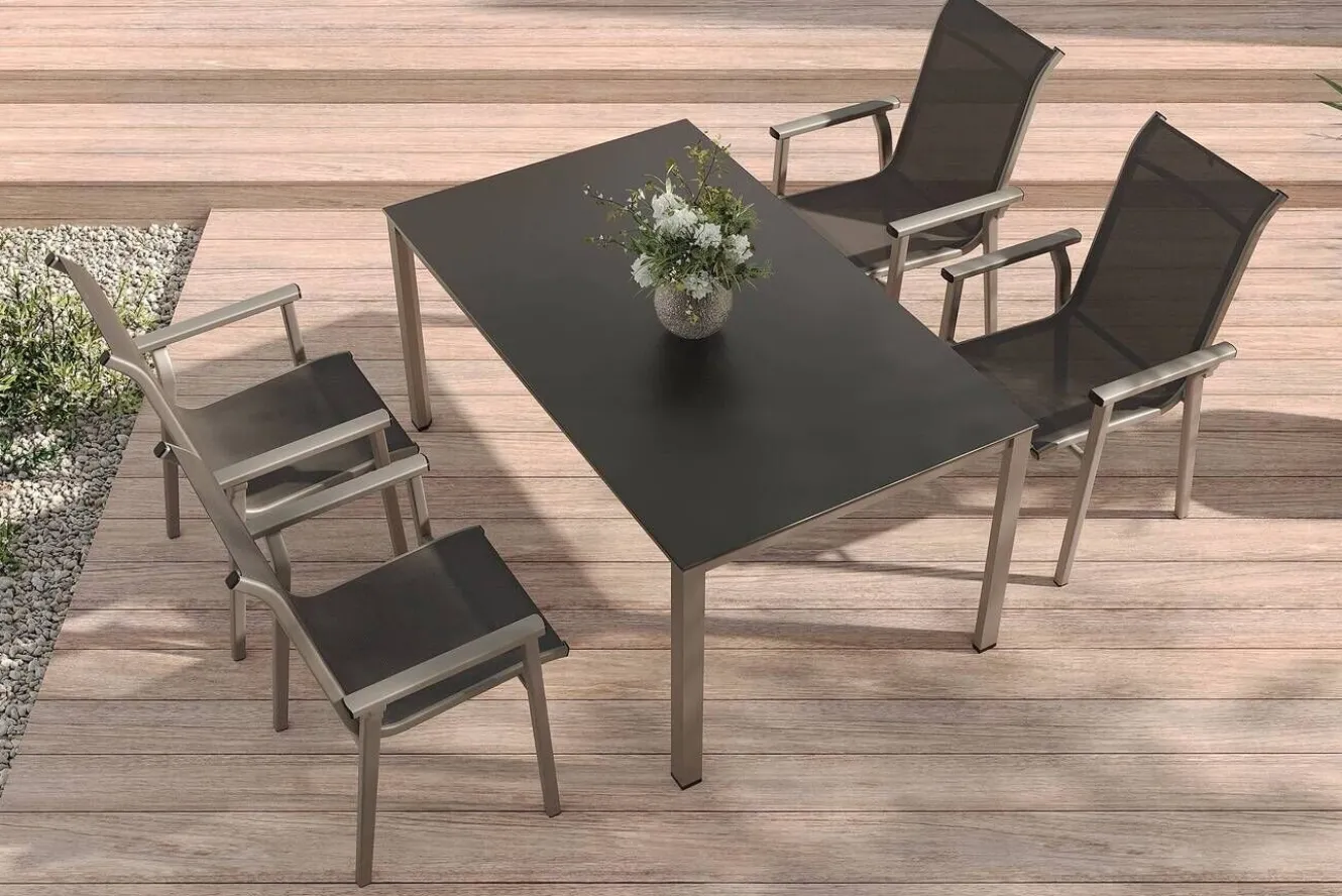 KETTLER BasicPlus Pro Garten-Essgruppe, silber/anthrazit, Alu/Textilene, Tisch 160 x 95 cm, 4 Stapelstühle