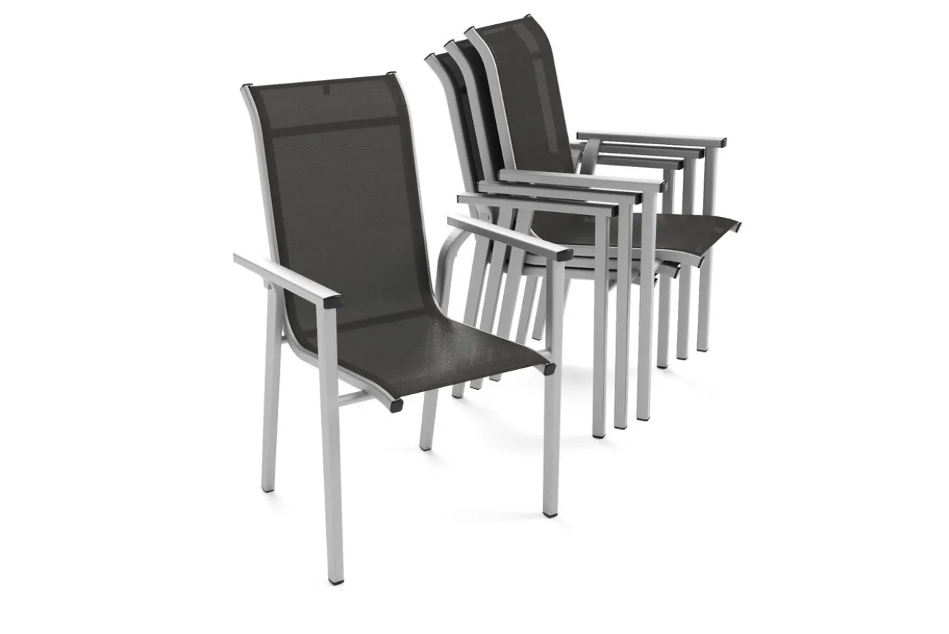 KETTLER BasicPlus Pro Garten-Essgruppe, silber/anthrazit, Alu/Textilene, Tisch 160 x 95 cm, 4 Stapelstühle
