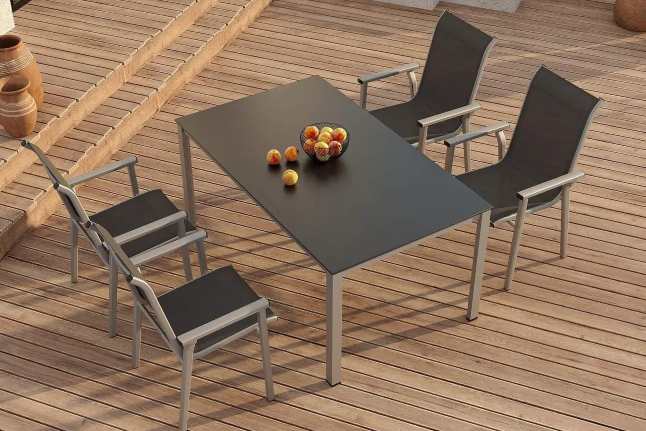 KETTLER BasicPlus Pro Garten-Essgruppe, silber/anthrazit, Alu/Textilene, Tisch 160 x 95 cm, 4 Stapelstühle