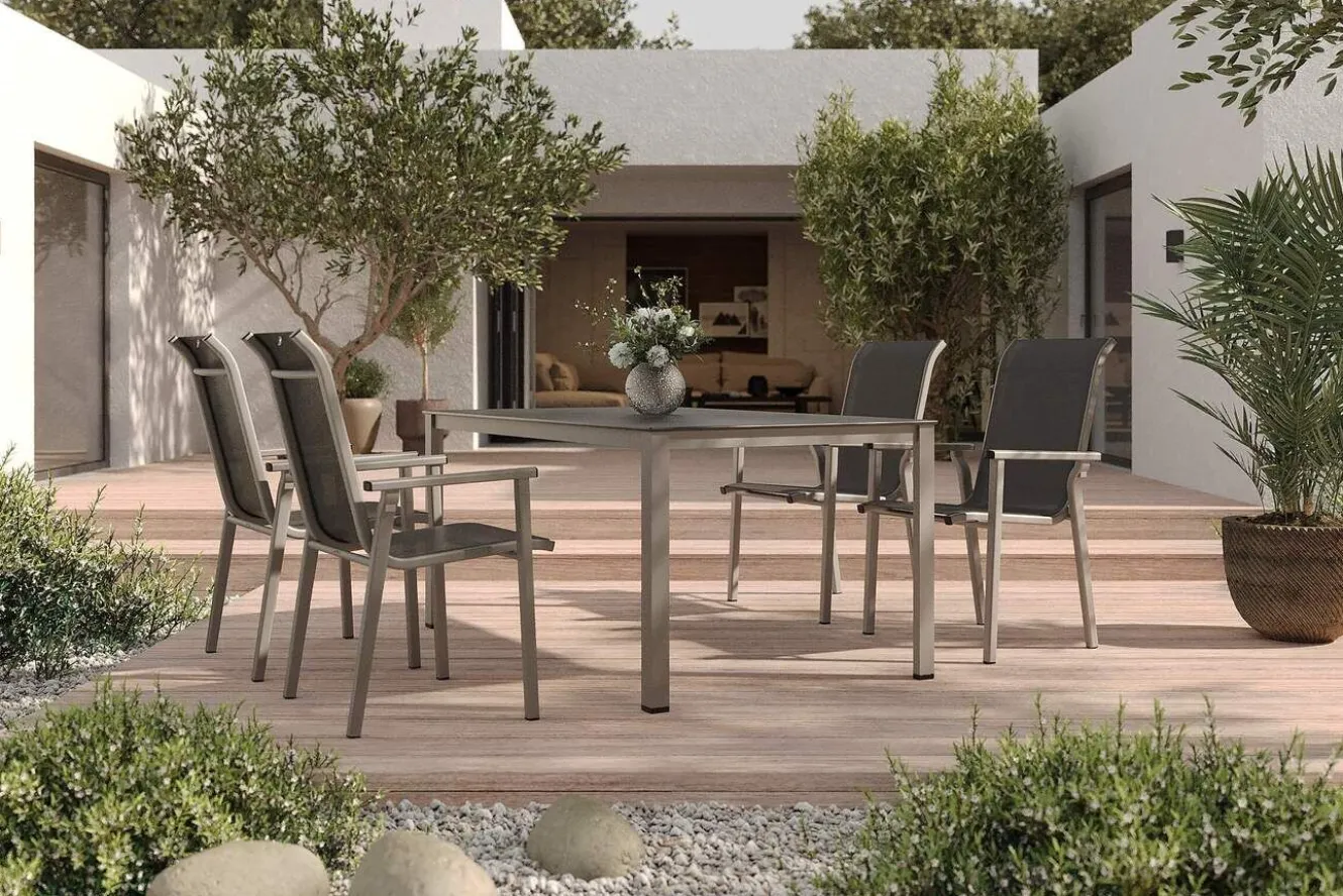 KETTLER BasicPlus Pro Garten-Essgruppe, silber/anthrazit, Alu/Textilene, Tisch 160 x 95 cm, 4 Stapelstühle