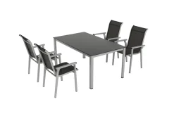 KETTLER BasicPlus Pro Garten-Essgruppe, silber/anthrazit, Alu/Textilene, Tisch 160 x 95 cm, 4 Stapelstühle