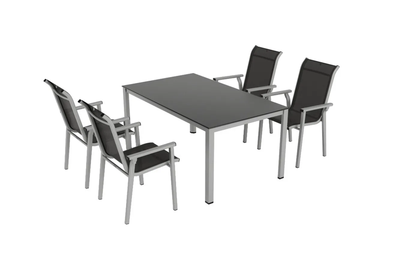 KETTLER BasicPlus Pro Garten-Essgruppe, silber/anthrazit, Alu/Textilene, Tisch 160 x 95 cm, 4 Stapelstühle