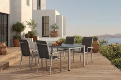 KETTLER BasicPlus Pro Garten-Essgruppe, silber/anthrazit, Alu/Textilene, Tisch 160 x 95 cm, 4 Stapelstühle