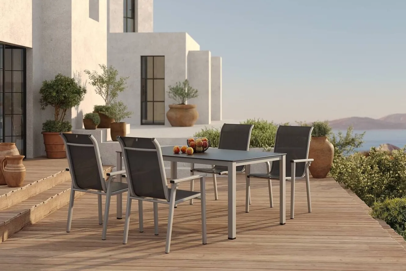 KETTLER BasicPlus Pro Garten-Essgruppe, silber/anthrazit, Alu/Textilene, Tisch 160 x 95 cm, 4 Stapelstühle