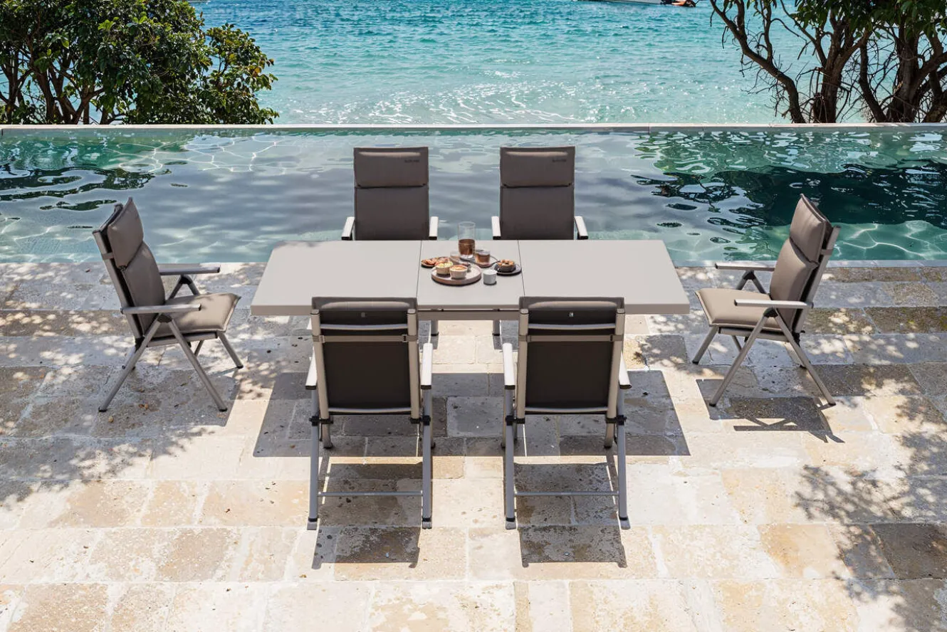 KETTLER BasicPlus Pro Garten-Essgruppe, 6 Personen inkl. Sitzkissen, ausziehbarer Tisch 180–240 cm, Aluminium/Textilene