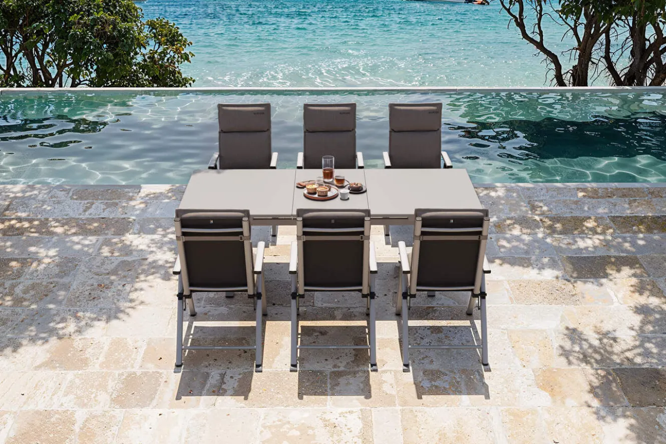 KETTLER BasicPlus Pro Garten-Essgruppe, 6 Personen inkl. Sitzkissen, ausziehbarer Tisch 180–240 cm, Aluminium/Textilene