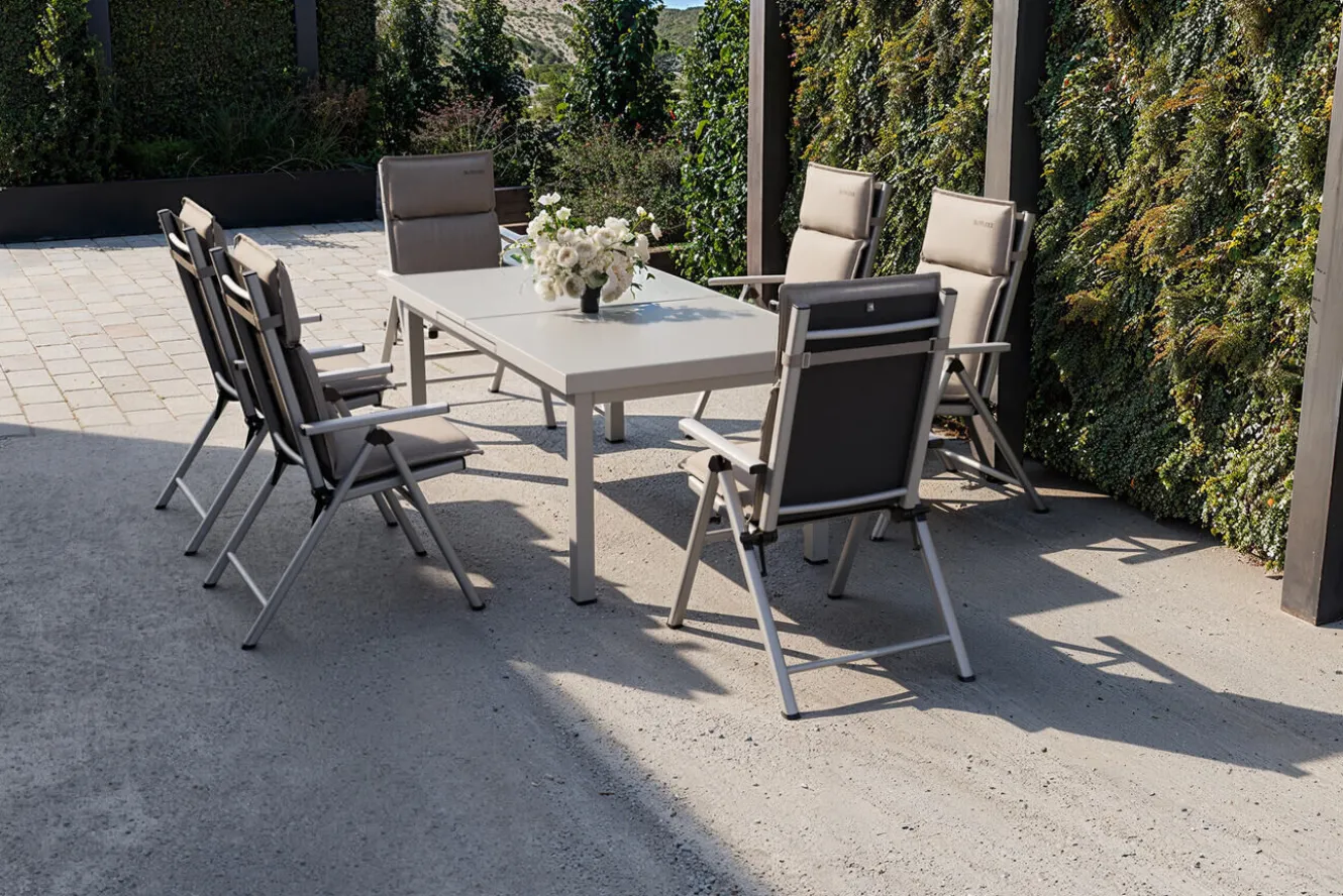 KETTLER BasicPlus Pro Garten-Essgruppe, 6 Personen inkl. Sitzkissen, ausziehbarer Tisch 180–240 cm, Aluminium/Textilene