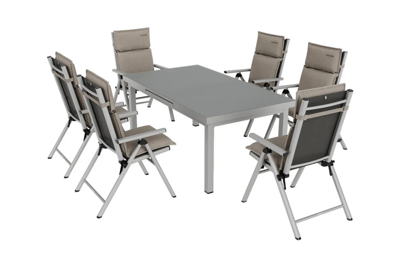 KETTLER BasicPlus Pro Garten-Essgruppe, 6 Personen inkl. Sitzkissen, ausziehbarer Tisch 180–240 cm, Aluminium/Textilene