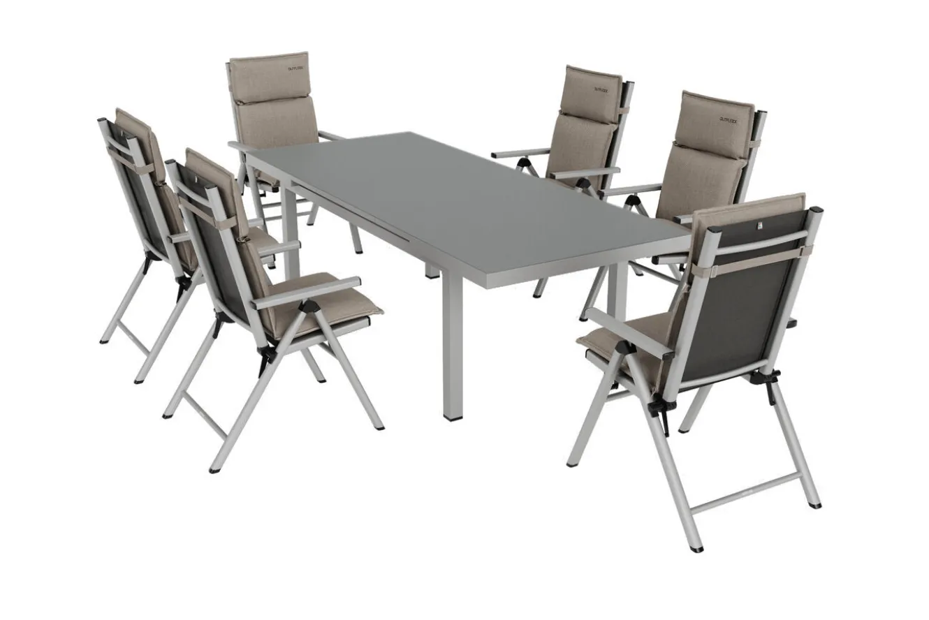 KETTLER BasicPlus Pro Garten-Essgruppe, 6 Personen inkl. Sitzkissen, ausziehbarer Tisch 180–240 cm, Aluminium/Textilene