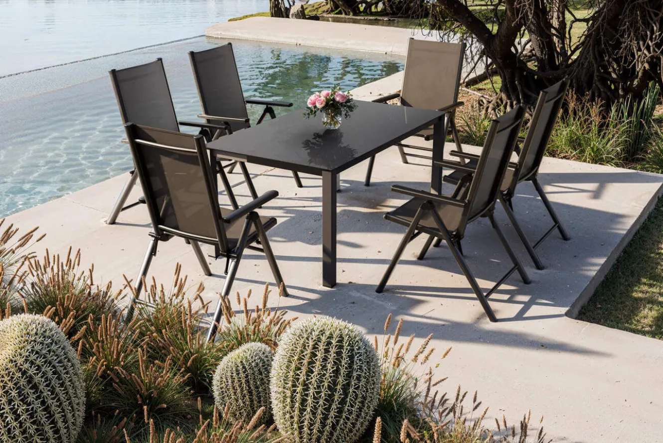 KETTLER BasicPlus Pro Garten-Essgruppe, anthrazit, Alu/Textilene/Spraystone, Tisch 160 x 95 cm, 6 Klappstühle