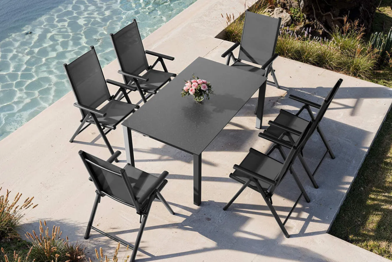 KETTLER BasicPlus Pro Garten-Essgruppe, anthrazit, Alu/Textilene/Spraystone, Tisch 160 x 95 cm, 6 Klappstühle