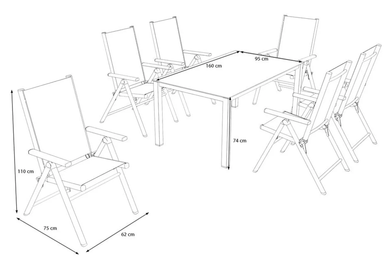 KETTLER BasicPlus Pro Garten-Essgruppe, anthrazit, Alu/Textilene/Spraystone, Tisch 160 x 95 cm, 6 Klappstühle