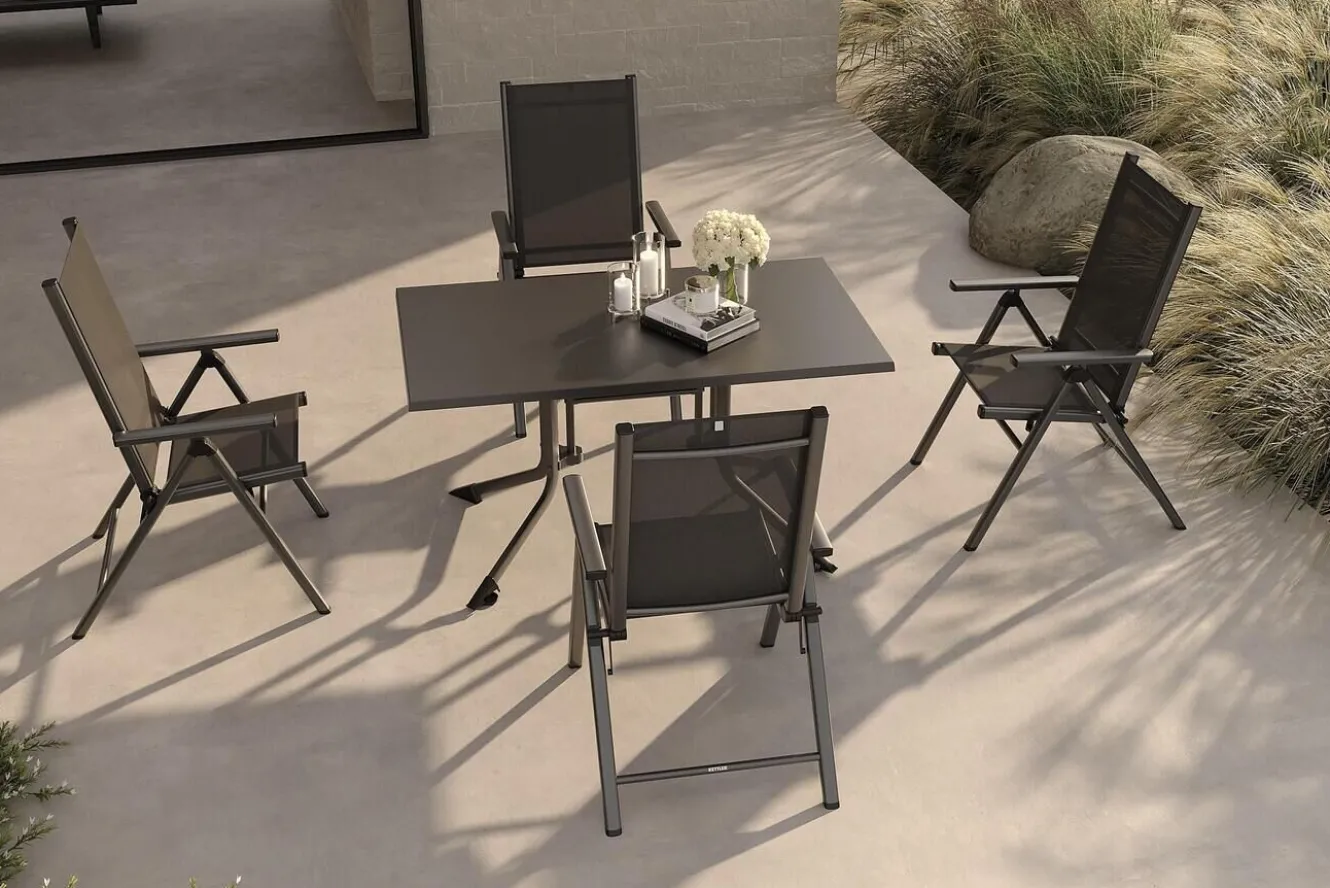 KETTLER BasicPlus Pro Garten-Essgruppe, anthrazit, Alu/Textilene, klappbarer Tisch 140 x 95 cm, 4 Klappstühle