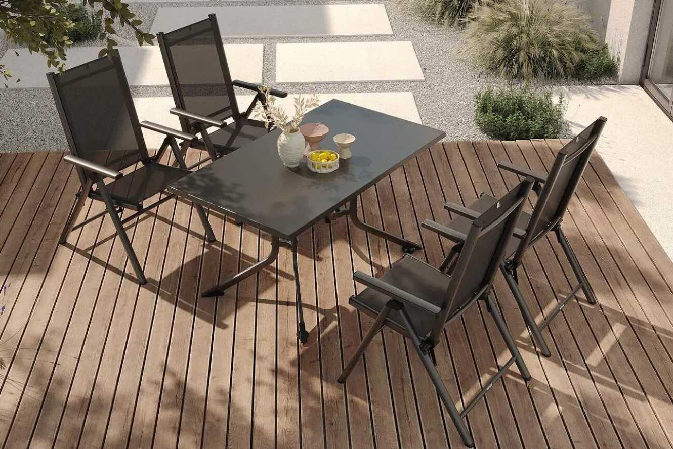 KETTLER BasicPlus Pro Garten-Essgruppe, anthrazit, Alu/Textilene, klappbarer Tisch 140 x 95 cm, 4 Klappstühle