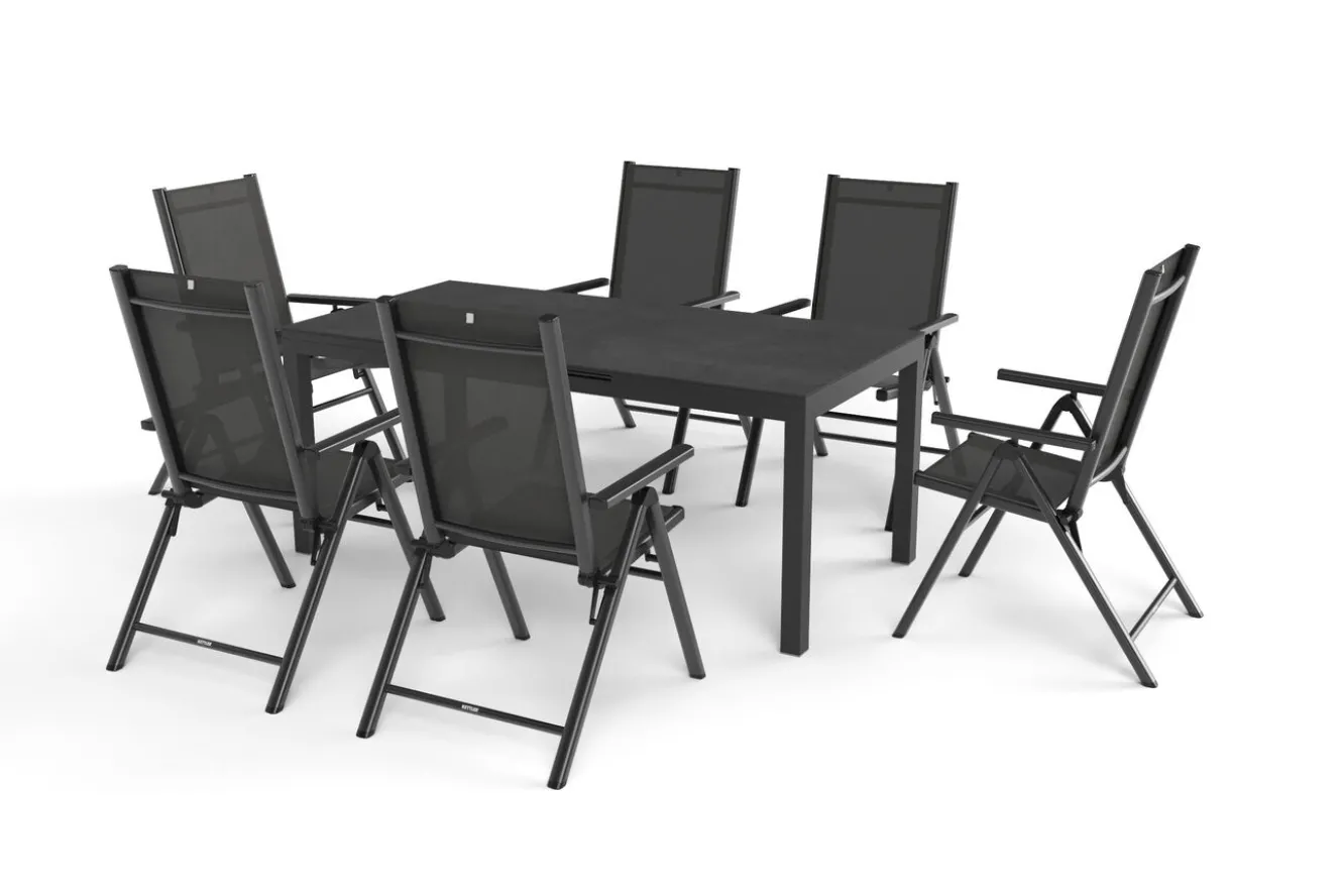 KETTLER BasicPlus Pro Garten-Essgruppe, anthrazit, Alu/Textilene/Spraystone, ausziehbare Tischplatte 180/240 x 100 cm, 6 Klappstühle