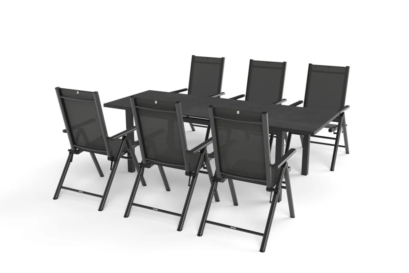 KETTLER BasicPlus Pro Garten-Essgruppe, anthrazit, Alu/Textilene/Spraystone, ausziehbare Tischplatte 180/240 x 100 cm, 6 Klappstühle