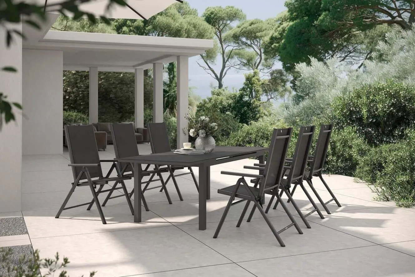 KETTLER BasicPlus Pro Garten-Essgruppe, anthrazit, Alu/Textilene/Spraystone, ausziehbare Tischplatte 180/240 x 100 cm, 6 Klappstühle
