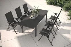 KETTLER BasicPlus Pro Garten-Essgruppe, anthrazit, Alu/Textilene/Spraystone, ausziehbare Tischplatte 180/240 x 100 cm, 6 Klappstühle