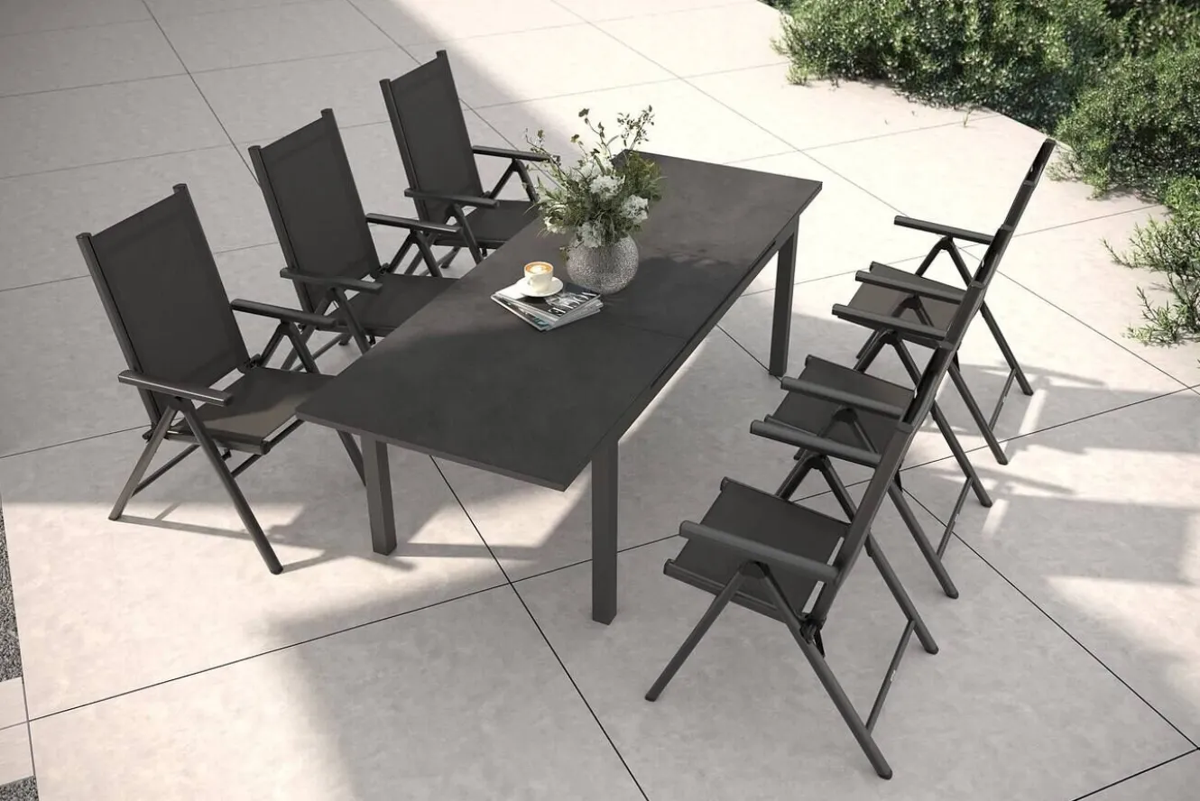 KETTLER BasicPlus Pro Garten-Essgruppe, anthrazit, Alu/Textilene/Spraystone, ausziehbare Tischplatte 180/240 x 100 cm, 6 Klappstühle