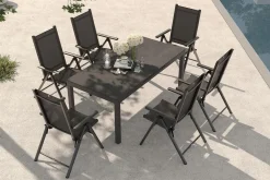 KETTLER BasicPlus Pro Garten-Essgruppe, anthrazit, Alu/Textilene/Spraystone, ausziehbare Tischplatte 180/240 x 100 cm, 6 Klappstühle