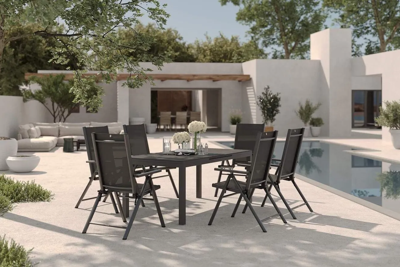 KETTLER BasicPlus Pro Garten-Essgruppe, anthrazit, Alu/Textilene/Spraystone, ausziehbare Tischplatte 180/240 x 100 cm, 6 Klappstühle