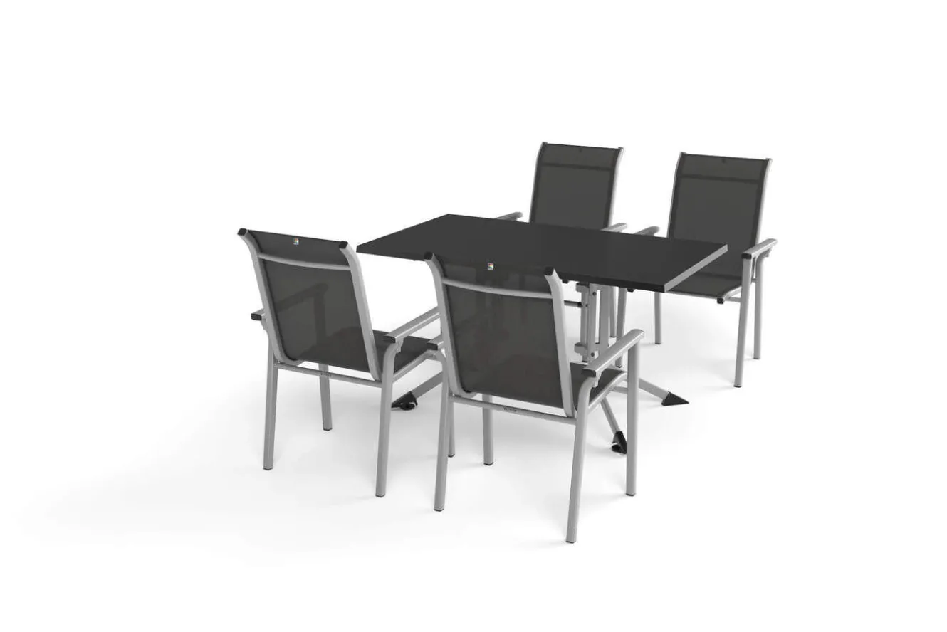KETTLER BasicPlus Pro Garten-Essgruppe, silber/anthrazit, Alu/Textilene, Klapptisch 140 x 95 cm, 4 Stapelsessel
