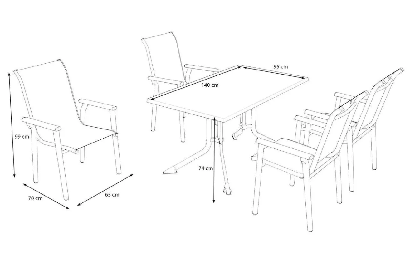 KETTLER BasicPlus Pro Garten-Essgruppe, silber/anthrazit, Alu/Textilene, Klapptisch 140 x 95 cm, 4 Stapelsessel