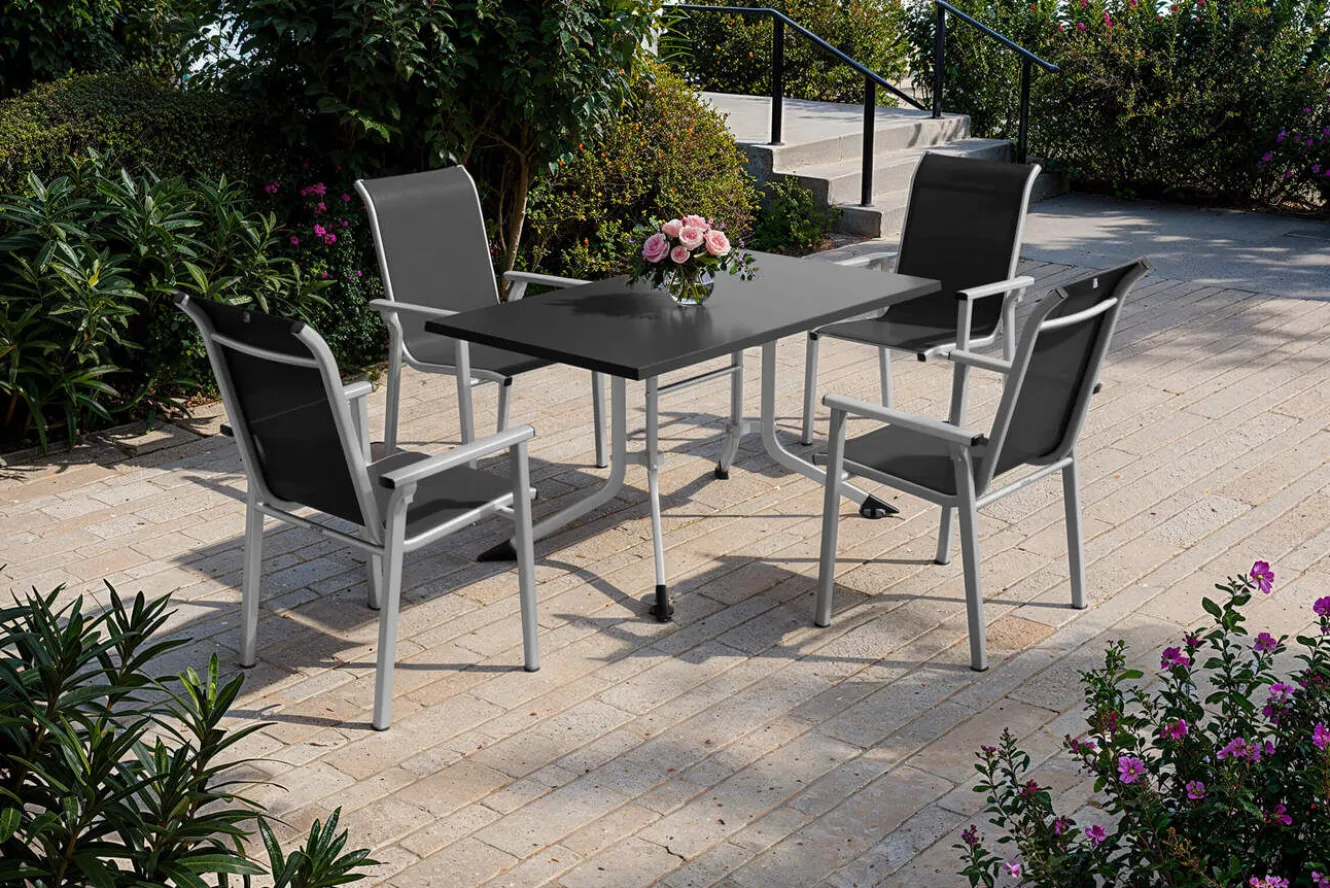 KETTLER BasicPlus Pro Garten-Essgruppe, silber/anthrazit, Alu/Textilene, Klapptisch 140 x 95 cm, 4 Stapelsessel