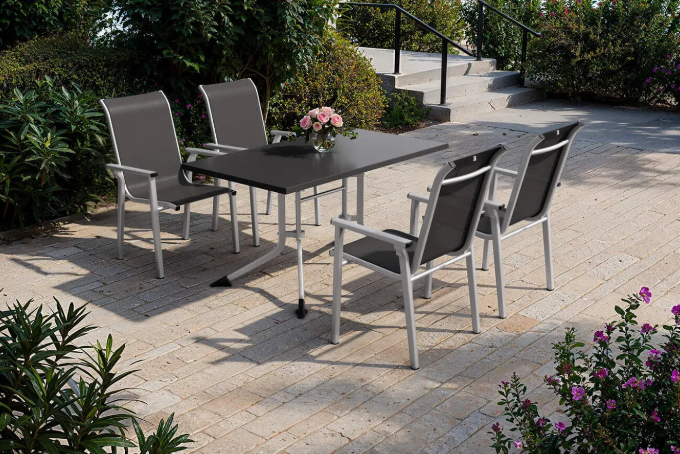 KETTLER BasicPlus Pro Garten-Essgruppe, silber/anthrazit, Alu/Textilene, Klapptisch 140 x 95 cm, 4 Stapelsessel