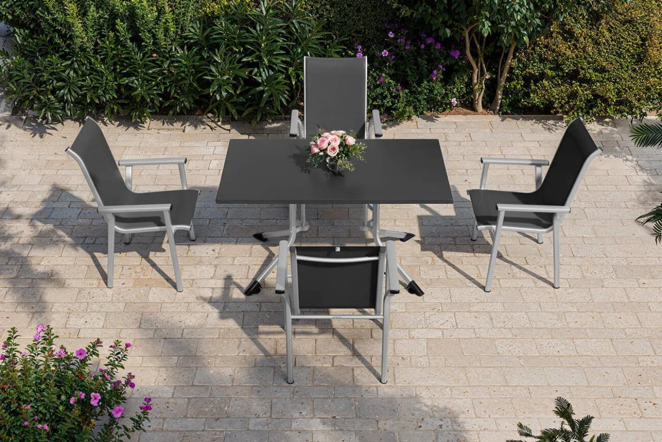 KETTLER BasicPlus Pro Garten-Essgruppe, silber/anthrazit, Alu/Textilene, Klapptisch 140 x 95 cm, 4 Stapelsessel