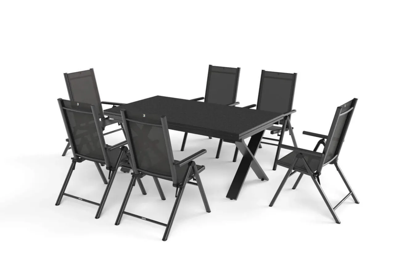 KETTLER BasicPlus Pro Garten-Essgruppe, anthrazit, Alu/Textilene, Tisch ausziehbar 180/280 x 100 cm, 6 Klappstühle