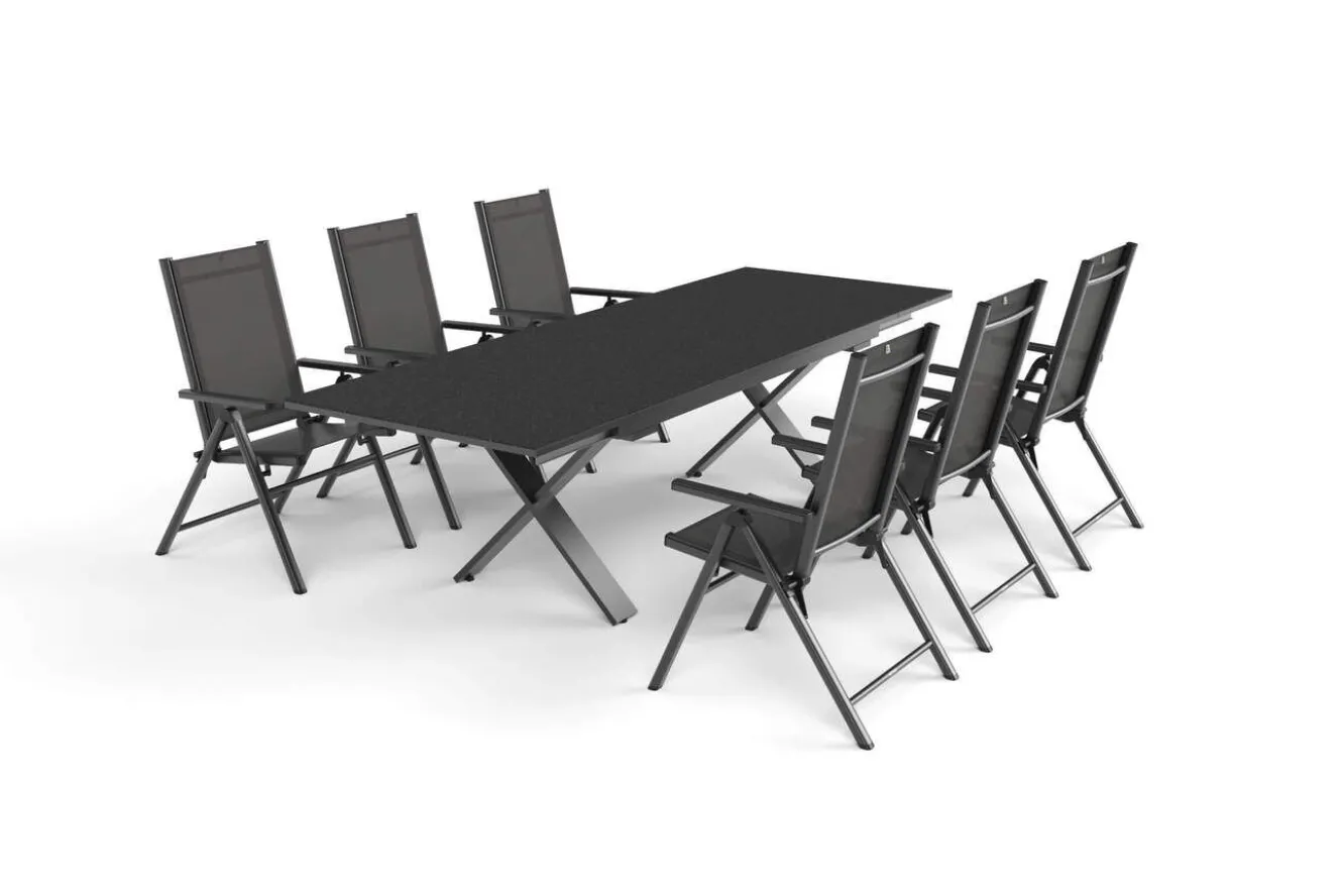 KETTLER BasicPlus Pro Garten-Essgruppe, anthrazit, Alu/Textilene, Tisch ausziehbar 180/280 x 100 cm, 6 Klappstühle