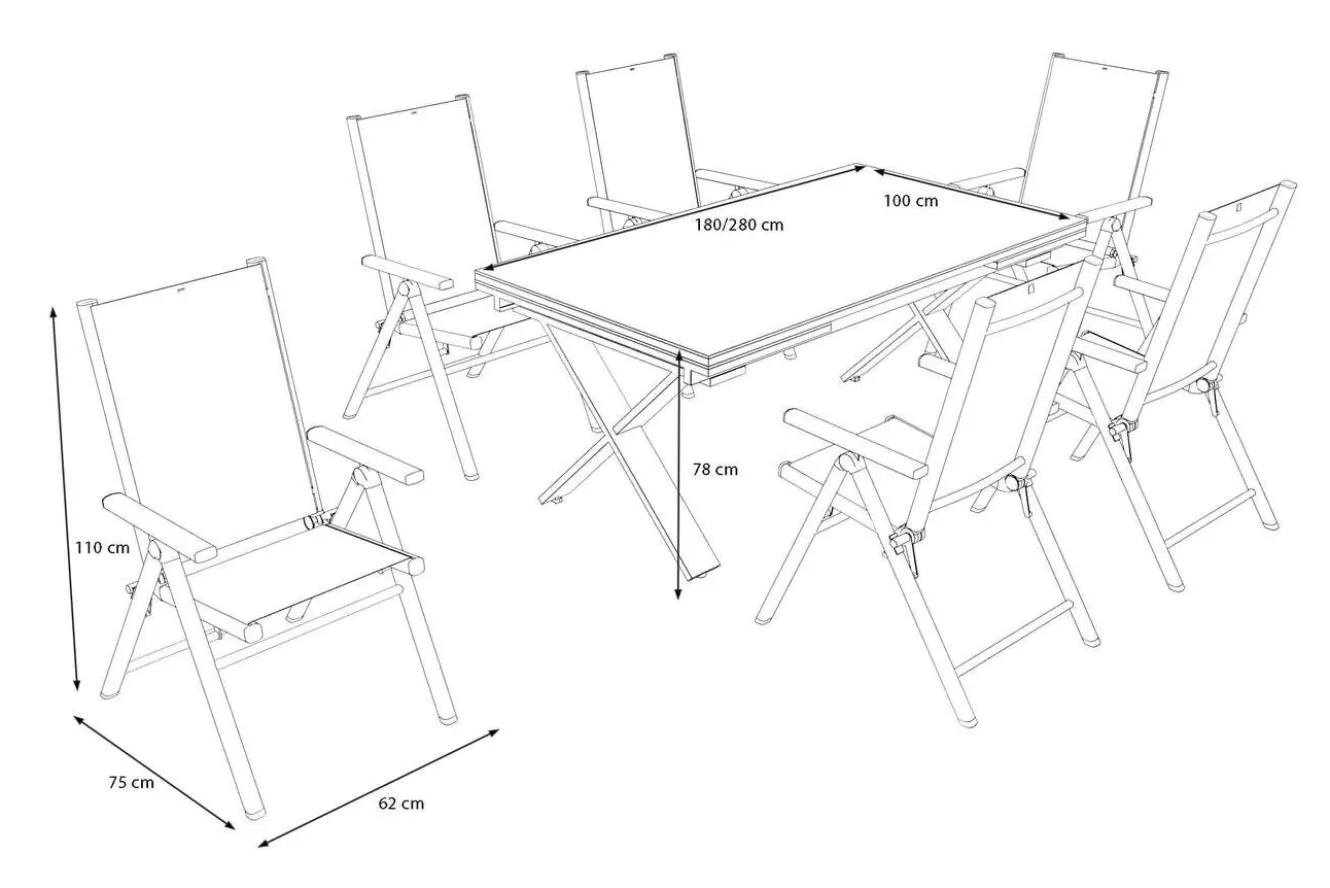KETTLER BasicPlus Pro Garten-Essgruppe, anthrazit, Alu/Textilene, Tisch ausziehbar 180/280 x 100 cm, 6 Klappstühle