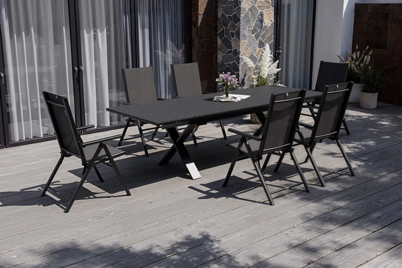 KETTLER BasicPlus Pro Garten-Essgruppe, anthrazit, Alu/Textilene, Tisch ausziehbar 180/280 x 100 cm, 6 Klappstühle