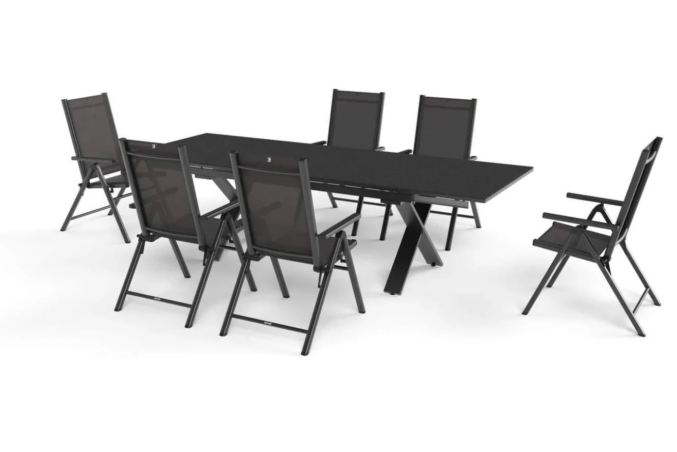 KETTLER BasicPlus Pro Garten-Essgruppe, anthrazit, Alu/Textilene, Tisch ausziehbar 180/280 x 100 cm, 6 Klappstühle