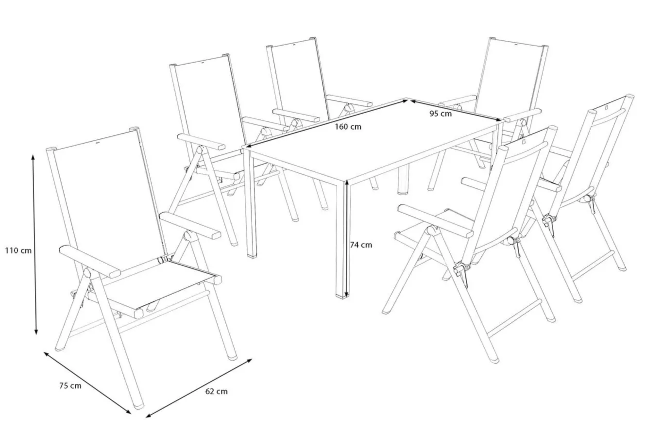 KETTLER BasicPlus Pro Garten-Essgruppe, silber/anthrazit, Alu/Textilene, Tischplatte 160 x 95 cm, 6 Klappstühle