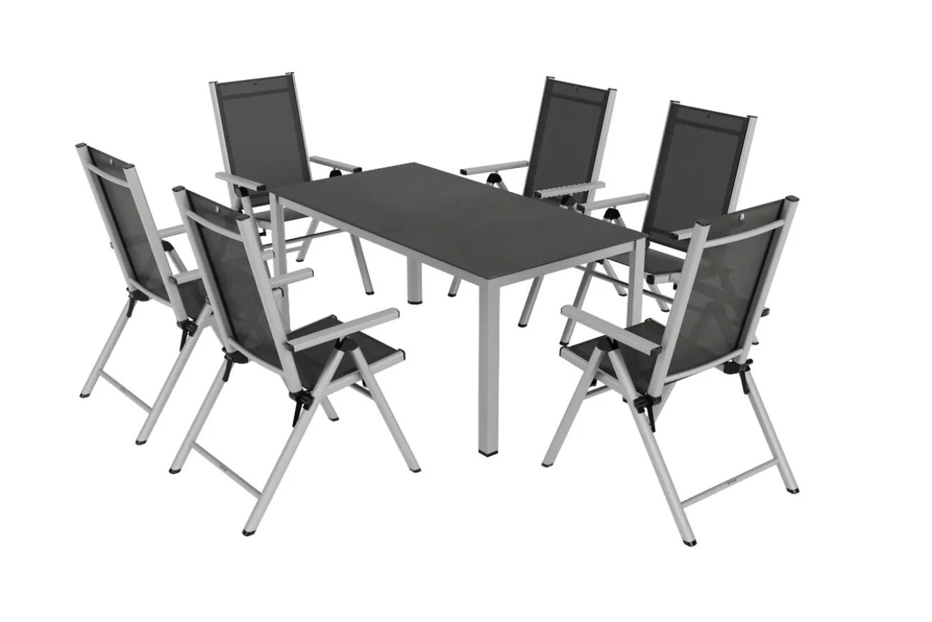 KETTLER BasicPlus Pro Garten-Essgruppe, silber/anthrazit, Alu/Textilene, Tischplatte 160 x 95 cm, 6 Klappstühle