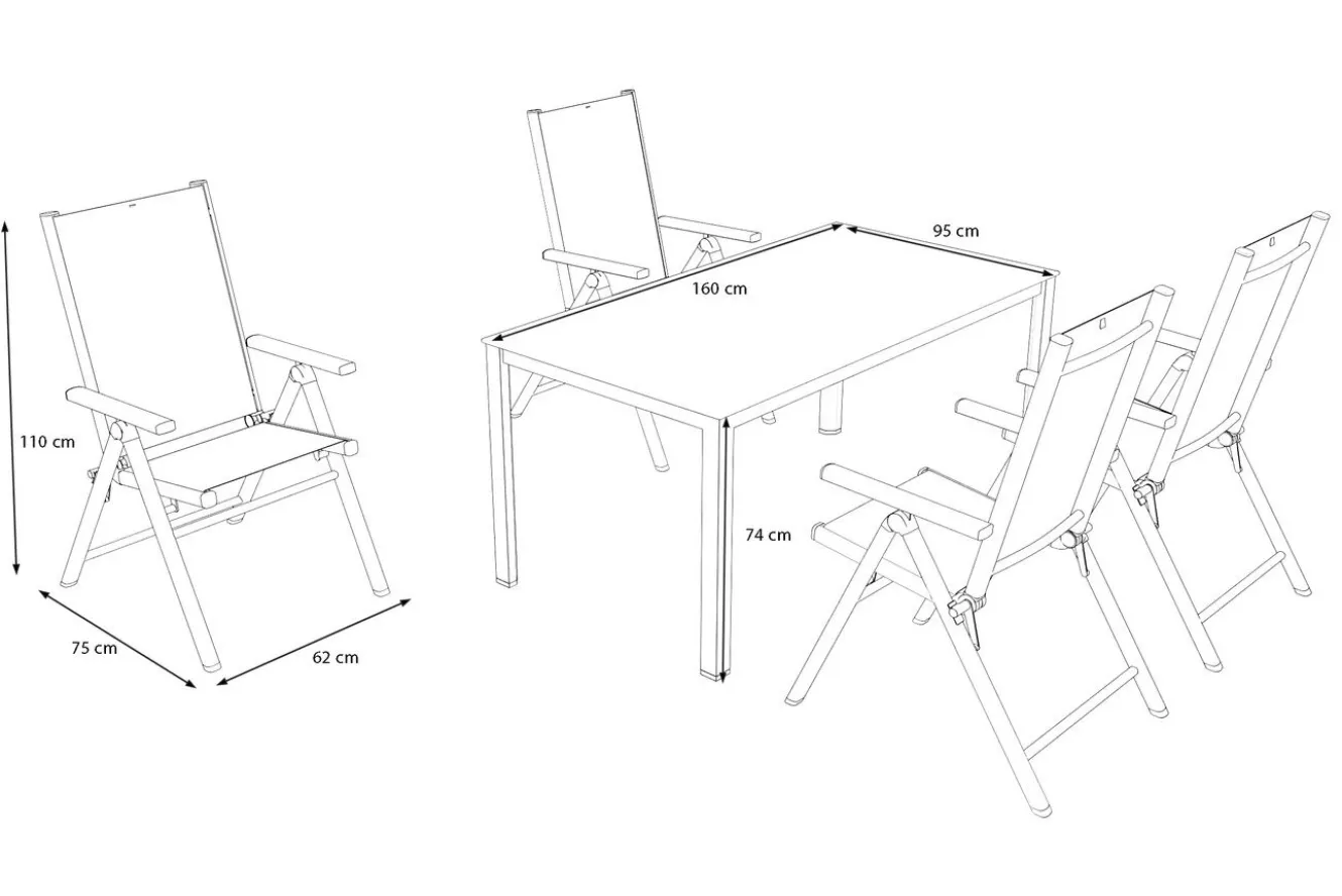 KETTLER BasicPlus Pro Garten-Essgruppe, silber/anthrazit, Alu/Textilene/Sicherheitsglas, 160 x 95 cm, 4 Klappstühle