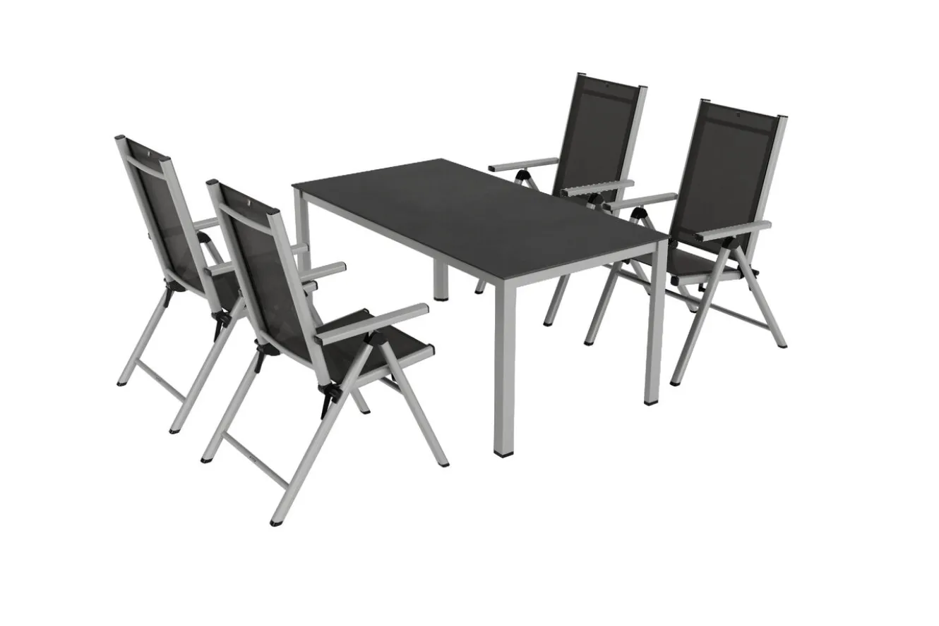 KETTLER BasicPlus Pro Garten-Essgruppe, silber/anthrazit, Alu/Textilene/Sicherheitsglas, 160 x 95 cm, 4 Klappstühle