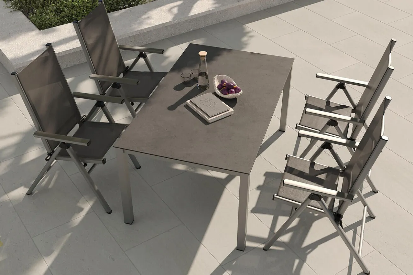 KETTLER BasicPlus Pro Garten-Essgruppe, silber/anthrazit, Alu/Textilene/Sicherheitsglas, 160 x 95 cm, 4 Klappstühle