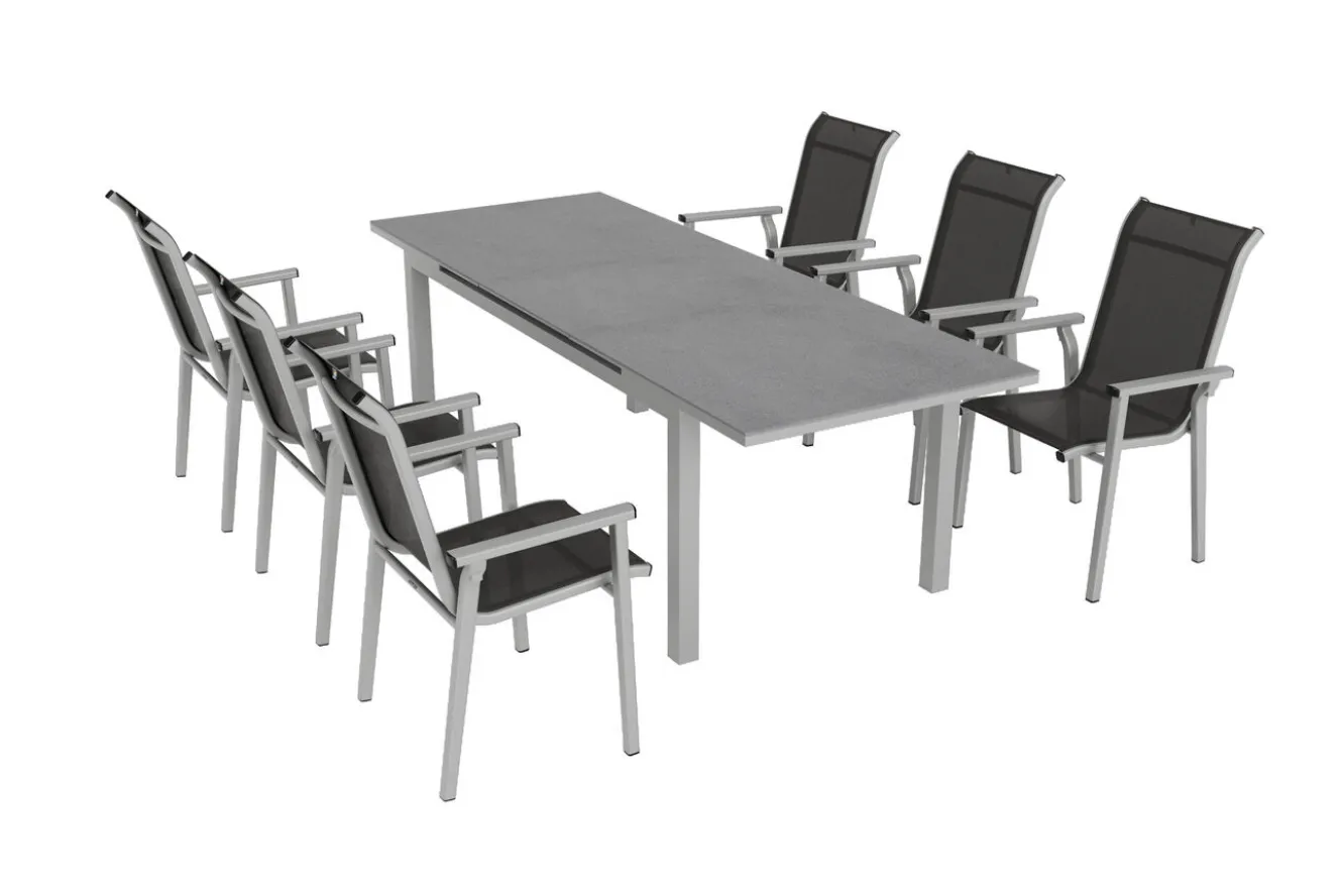 KETTLER BasicPlus Pro Garten-Essgruppe, silber/anthrazit, Alu/Textilene, ausziehbarer Tisch 180/240 x 100 cm, 6 Stapelsessel