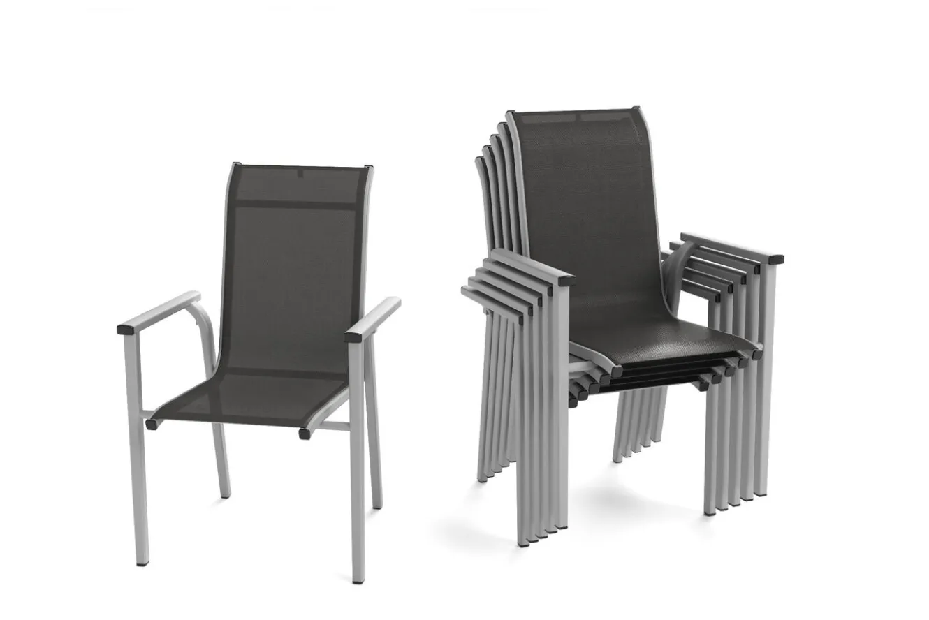 KETTLER BasicPlus Pro Garten-Essgruppe, silber/anthrazit, Alu/Textilene, ausziehbarer Tisch 180/240 x 100 cm, 6 Stapelsessel