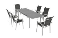 KETTLER BasicPlus Pro Garten-Essgruppe, silber/anthrazit, Alu/Textilene, ausziehbarer Tisch 180/240 x 100 cm, 6 Stapelsessel