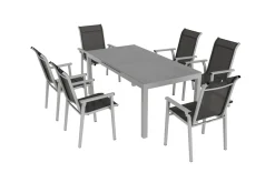 KETTLER BasicPlus Pro Garten-Essgruppe, silber/anthrazit, Alu/Textilene, ausziehbarer Tisch 180/240 x 100 cm, 6 Stapelsessel