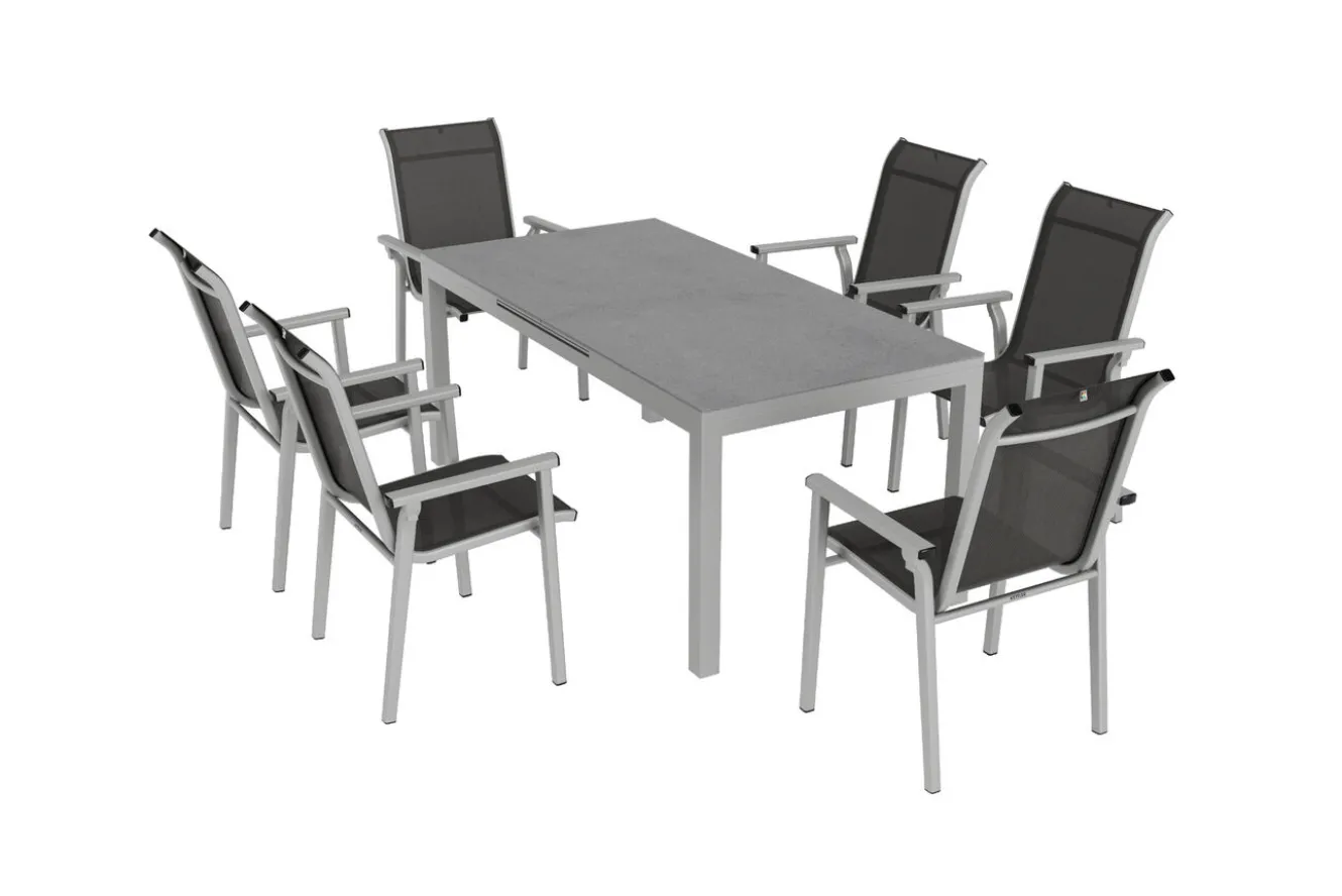 KETTLER BasicPlus Pro Garten-Essgruppe, silber/anthrazit, Alu/Textilene, ausziehbarer Tisch 180/240 x 100 cm, 6 Stapelsessel